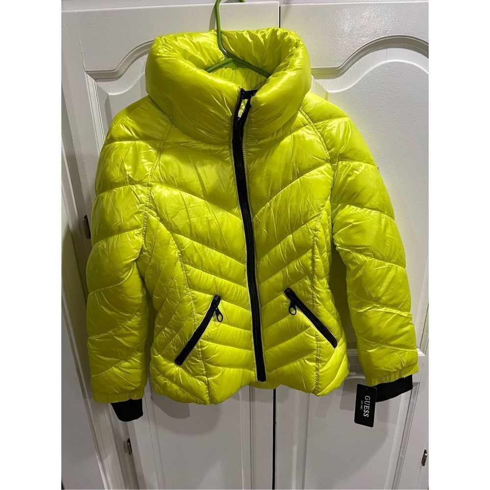 Guess Cire Puffer Jacket In Highlighter Yellow Women's Size Medium NWT $150